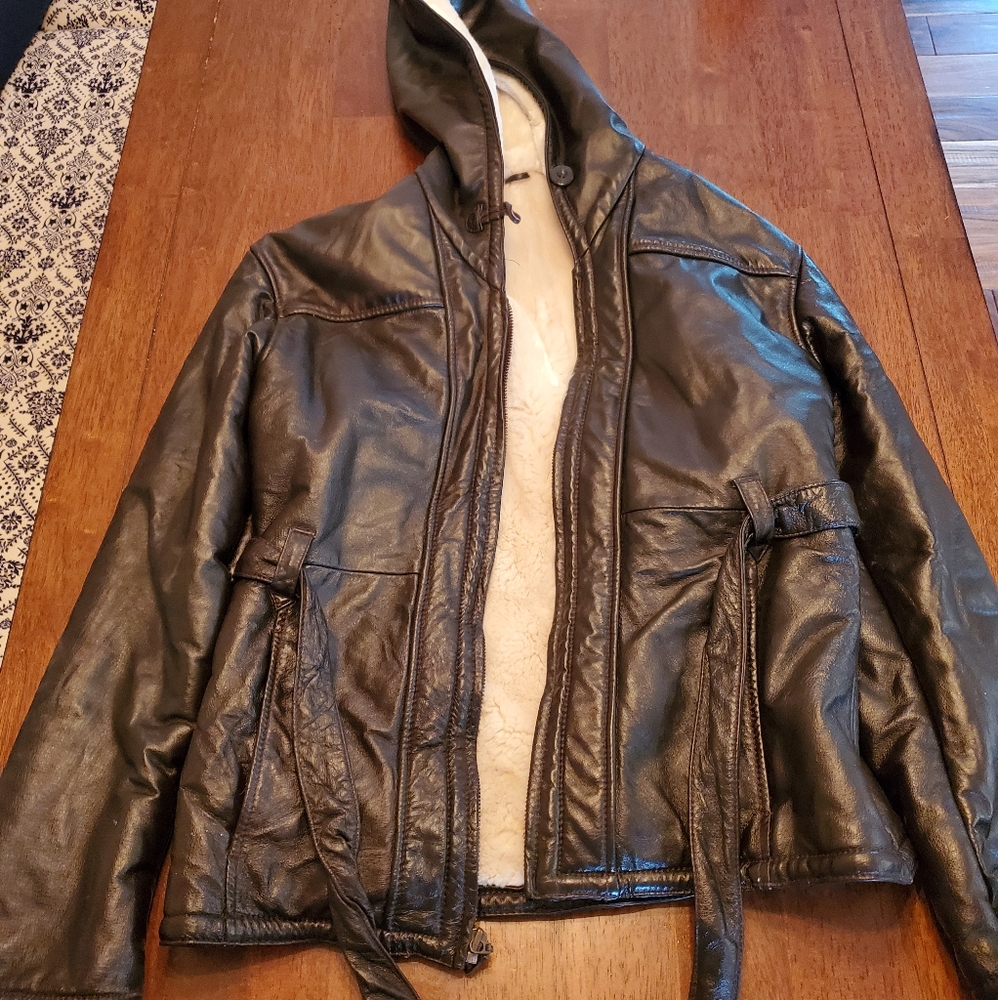 Wilsons Leather Black Hooded Leather Jacket with Cream Faux Shearling Lining
